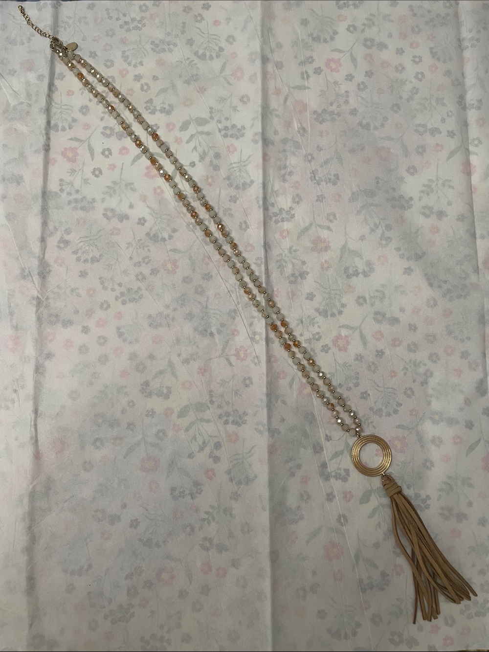 Beaded Tassel Pendant Necklace in Beige and Gold - Picture 2 of 6